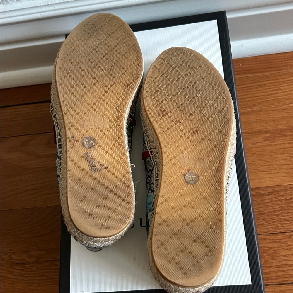 Gucci Blooms Supreme blue floral  Espadrilles red leather trim - Picture 9 of 12